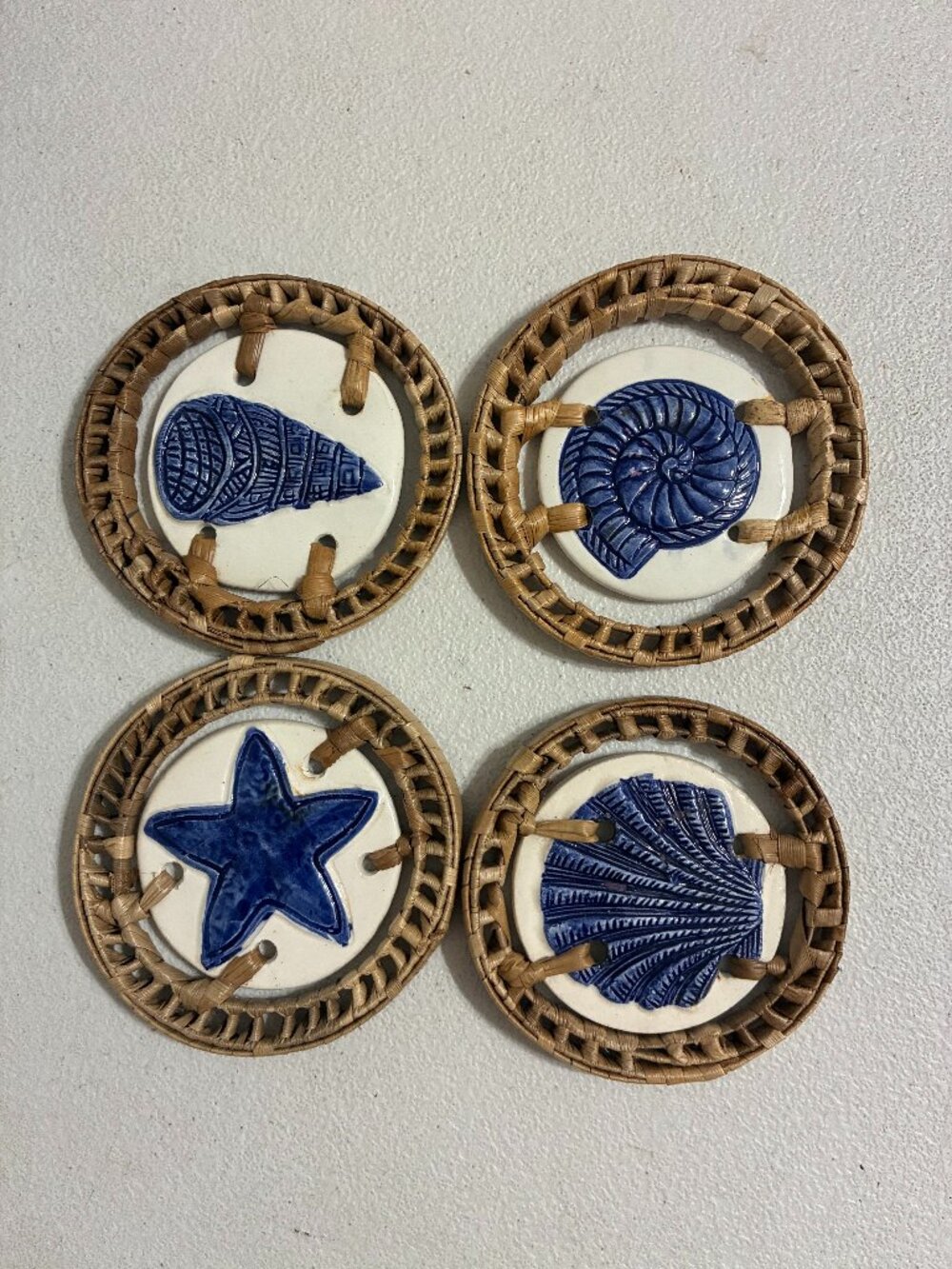 Woven Rattan Porcelain Blue & White Beach Coasters Set of 4 Seashore Nautical